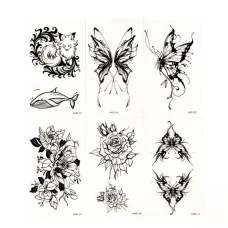 Набор временных тату «Бабочки и цветы №1» black-tattoo-mini-set-f01 из 6 черных по 9,5 х 5,5 см