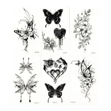 Набор временных тату «Бабочки и цветы №2» black-tattoo-mini-set-f02 из 6 черных по 9,5 х 5,5 см