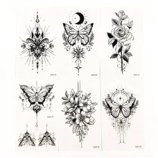 Набор временных тату «Бабочки и цветы №3» black-tattoo-mini-set-f03 из 6 черных по 9,5 х 5,5 см