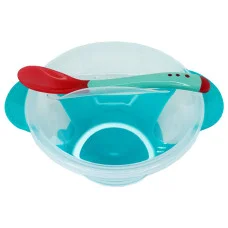 Тарелка на присоске прозрачная Mgz-0100(Turquoise) с термоложкой и крышкой