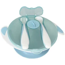 Тарелка на присоске с ложкой и вилкой Mgz-0109(Light-Blue) 350 мл