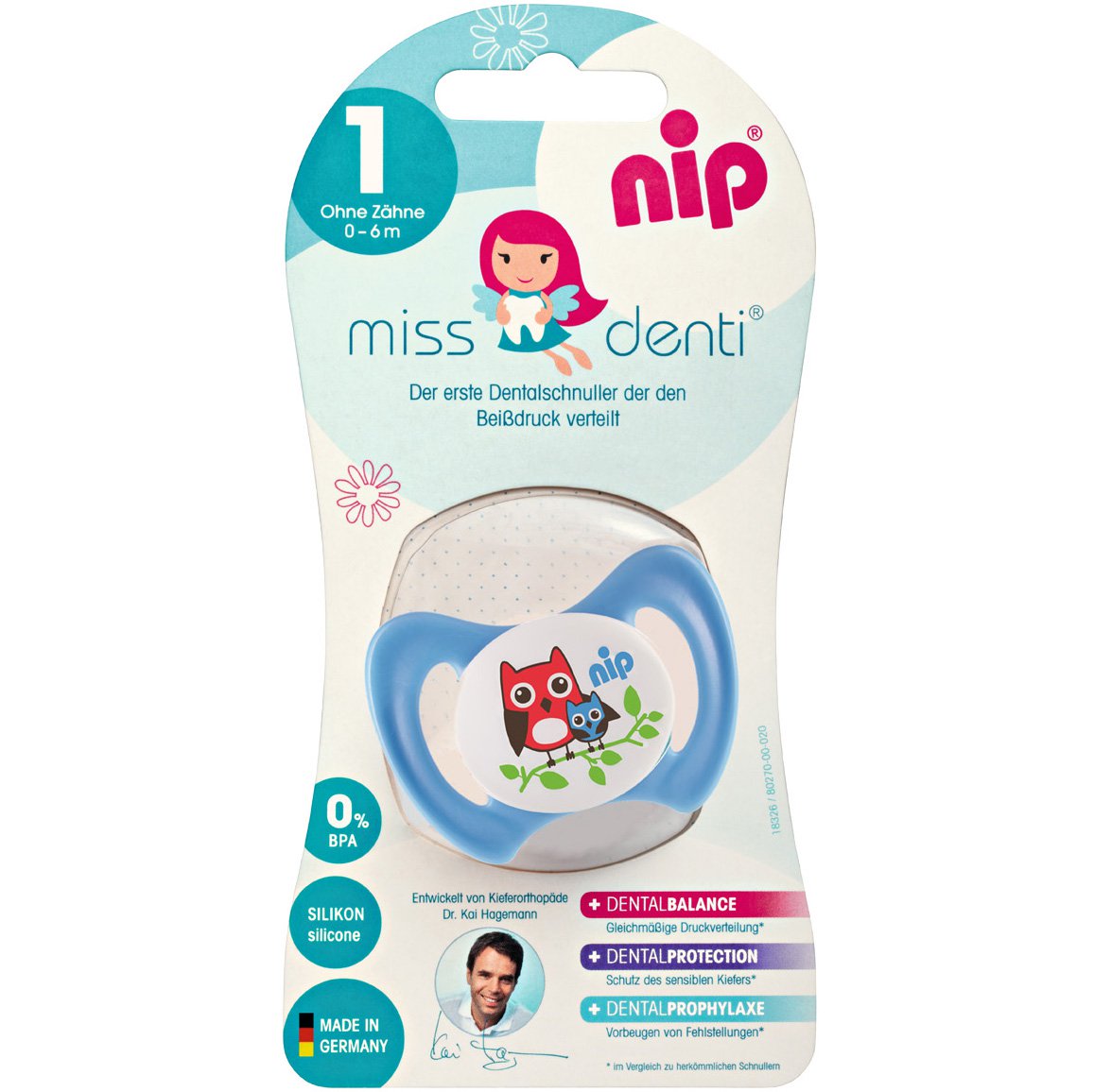 Силиконовая пустышка Nip Miss Denti №1, 0-6 мес. Синий (31800)